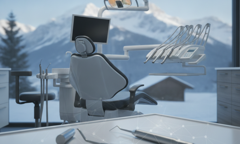 A photorealistic image of a modern, high-tech dental examination room with a sleek dental chair and instruments. In the blurred background, majestic snow-capped Swiss mountains are visible under a clear sky. A subtle, abstract overlay in the foreground hints at financial complexity. The scene conveys quality, precision, and the costs associated with dental care in Switzerland.