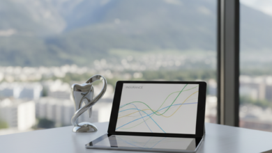 A photorealistic image of a modern, minimalist desk. On the desk, a tablet displays abstract financial graphs without text. A subtle, abstract tooth shape is nearby. Through a blurred window in the background, a beautiful Swiss Alpine landscape is visible, symbolizing dental insurance planning in Switzerland.