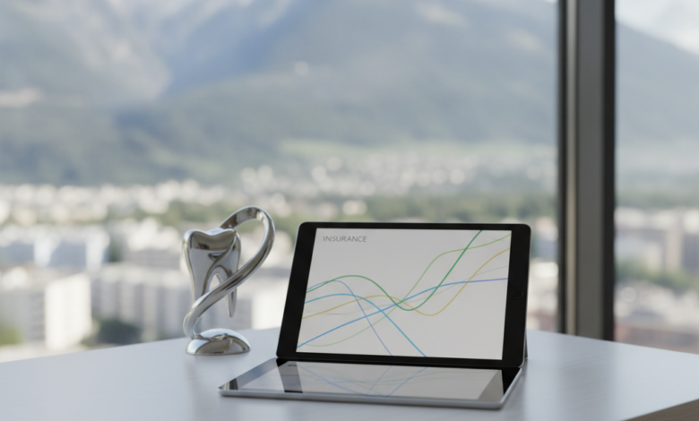 A photorealistic image of a modern, minimalist desk. On the desk, a tablet displays abstract financial graphs without text. A subtle, abstract tooth shape is nearby. Through a blurred window in the background, a beautiful Swiss Alpine landscape is visible, symbolizing dental insurance planning in Switzerland.