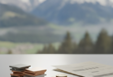 Close-up of abstract financial tokens, coins, and blurred documents on a clean desk, with a softly blurred background showing the Swiss Alps. The image symbolizes managing healthcare costs in Switzerland.