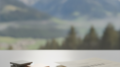 Close-up of abstract financial tokens, coins, and blurred documents on a clean desk, with a softly blurred background showing the Swiss Alps. The image symbolizes managing healthcare costs in Switzerland.