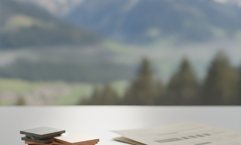 Close-up of abstract financial tokens, coins, and blurred documents on a clean desk, with a softly blurred background showing the Swiss Alps. The image symbolizes managing healthcare costs in Switzerland.