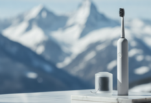 A photorealistic image featuring a modern toothbrush and dental floss neatly arranged on a clean, white reflective surface in the foreground. In the softly blurred background, majestic snow-capped Swiss mountains are visible under a bright sky, symbolizing dental care and cost management in Switzerland.