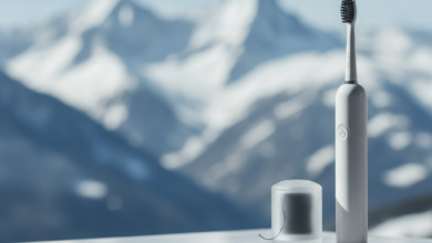 A photorealistic image featuring a modern toothbrush and dental floss neatly arranged on a clean, white reflective surface in the foreground. In the softly blurred background, majestic snow-capped Swiss mountains are visible under a bright sky, symbolizing dental care and cost management in Switzerland.