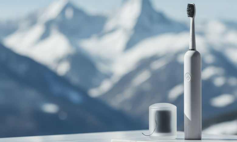 A photorealistic image featuring a modern toothbrush and dental floss neatly arranged on a clean, white reflective surface in the foreground. In the softly blurred background, majestic snow-capped Swiss mountains are visible under a bright sky, symbolizing dental care and cost management in Switzerland.