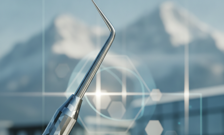 Close-up, sharp focus on a modern, polished dental mirror. In the softly blurred mid-ground, abstract geometric shapes and light patterns suggest financial data or planning. The deeply blurred background reveals a majestic, snow-capped Swiss mountain landscape. No text, numbers, or symbols are visible.