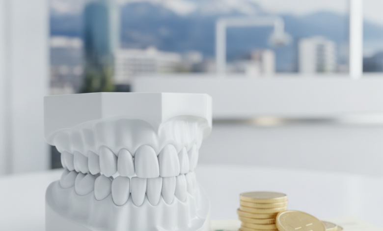 A close-up, conceptual image showing a clean dental model, a stack of golden coins, and blurred abstract insurance documents, set against a softly blurred Swiss mountain backdrop, symbolizing dental care costs and insurance in Switzerland.