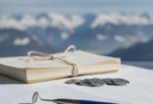 A photorealistic scene showing a modern dental tool in the blurred foreground. In the mid-ground, indistinct documents and coins hint at financial aspects. The background is a softly blurred, majestic Swiss mountain landscape under clear skies, symbolizing the country's unique dental care system.
