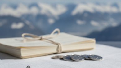 A photorealistic scene showing a modern dental tool in the blurred foreground. In the mid-ground, indistinct documents and coins hint at financial aspects. The background is a softly blurred, majestic Swiss mountain landscape under clear skies, symbolizing the country's unique dental care system.