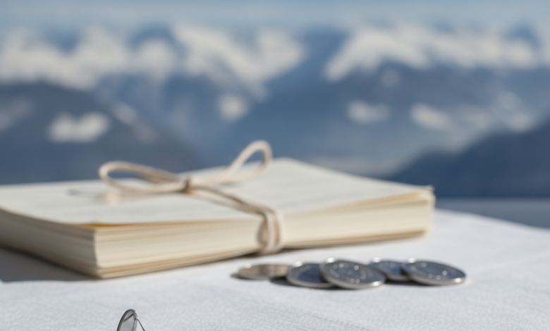 A photorealistic scene showing a modern dental tool in the blurred foreground. In the mid-ground, indistinct documents and coins hint at financial aspects. The background is a softly blurred, majestic Swiss mountain landscape under clear skies, symbolizing the country's unique dental care system.