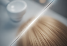 An abstract, photorealistic image with a sharp, diagonal, illuminated line or barrier separating two blurred, contrasting conceptual textures. One side is a pristine white, smooth surface suggesting clinical cleanliness, while the other is a warmer, organic, textured surface hinting at natural hair. The visual conveys strict adherence to rules and topic separation.