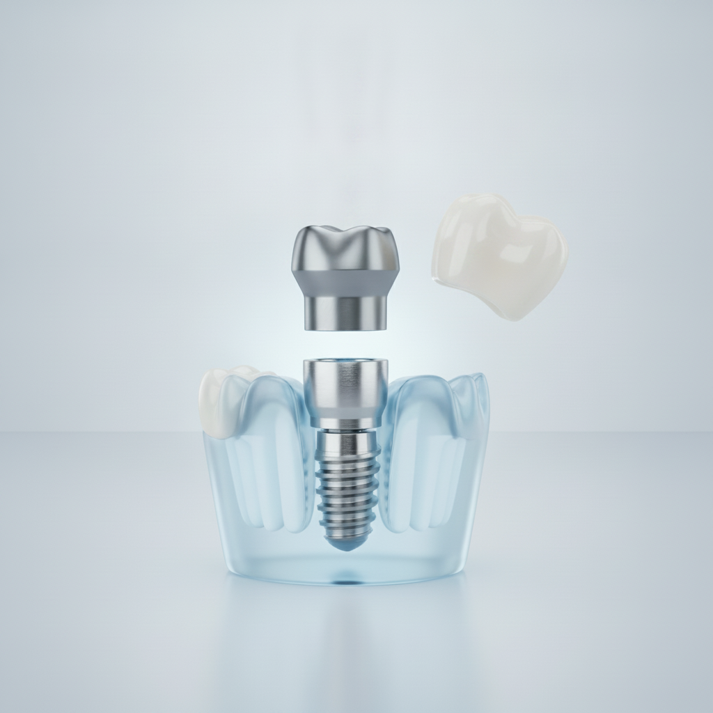 Connecting implant abutment with custom dental crown Dental Implants Cost in Zurich involves abutment and crown placement for lasting tooth restoration and function