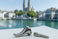 Close-up of a sleek, advanced dental instrument for implants, resting on a sterile surface. The background is a blurred, out-of-focus photorealistic cityscape of Zurich, Switzerland, under bright, professional lighting. No text is visible.