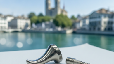 Close-up of a sleek, advanced dental instrument for implants, resting on a sterile surface. The background is a blurred, out-of-focus photorealistic cityscape of Zurich, Switzerland, under bright, professional lighting. No text is visible.