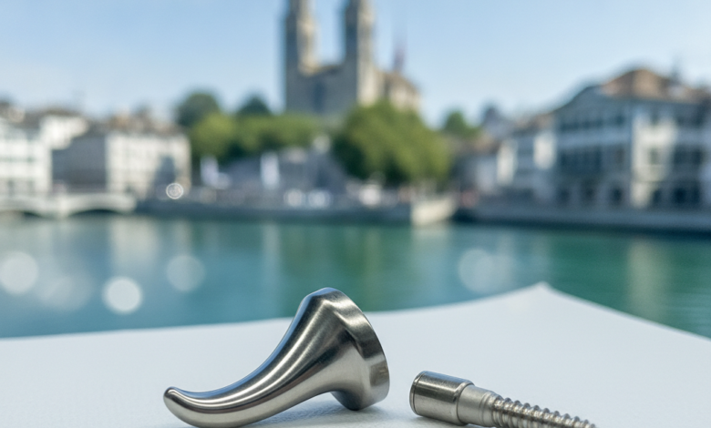 Close-up of a sleek, advanced dental instrument for implants, resting on a sterile surface. The background is a blurred, out-of-focus photorealistic cityscape of Zurich, Switzerland, under bright, professional lighting. No text is visible.