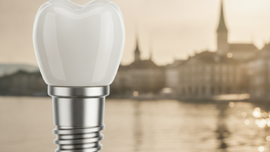 Close-up, detailed view of a gleaming, state-of-the-art dental implant and a perfectly matched porcelain crown. In the softly blurred background, the picturesque cityscape of Zurich, with its iconic lake and buildings under a bright sky, provides a sophisticated context.