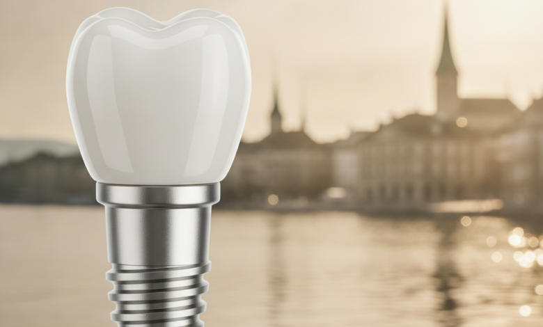 Close-up, detailed view of a gleaming, state-of-the-art dental implant and a perfectly matched porcelain crown. In the softly blurred background, the picturesque cityscape of Zurich, with its iconic lake and buildings under a bright sky, provides a sophisticated context.