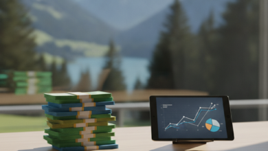 A close-up of a modern desk with blurred financial elements like abstract currency and a tablet displaying text-free financial graphs. In the softly blurred background, a window overlooks a serene Swiss mountain landscape, symbolizing financial planning for high-quality dental care in Switzerland.
