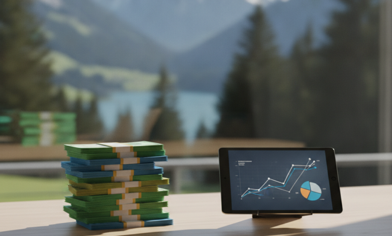 A close-up of a modern desk with blurred financial elements like abstract currency and a tablet displaying text-free financial graphs. In the softly blurred background, a window overlooks a serene Swiss mountain landscape, symbolizing financial planning for high-quality dental care in Switzerland.