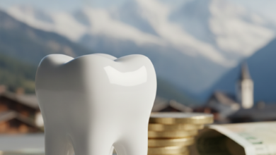 A photorealistic image featuring a pristine white tooth in sharp focus, with blurred stacks of abstract currency behind it. In the far background, a soft-focus Swiss landscape with snow-capped mountains and an alpine village is visible. The scene has cinematic lighting and shallow depth of field.
