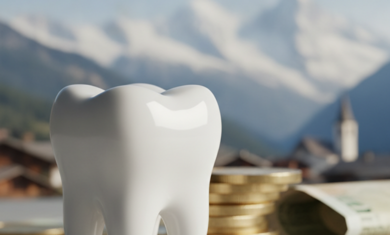 A photorealistic image featuring a pristine white tooth in sharp focus, with blurred stacks of abstract currency behind it. In the far background, a soft-focus Swiss landscape with snow-capped mountains and an alpine village is visible. The scene has cinematic lighting and shallow depth of field.