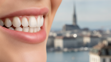 Close-up of a perfect, healthy smile with bright, aligned teeth, against a softly blurred background of the Geneva, Switzerland cityscape.
