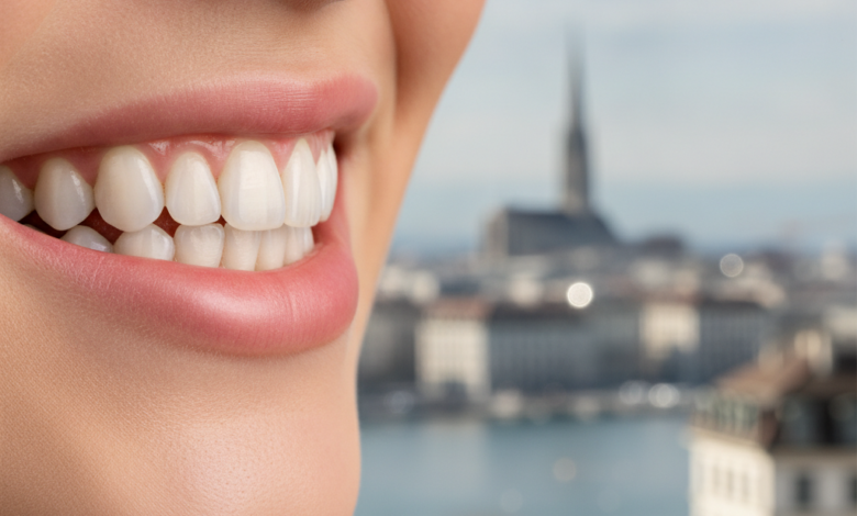Close-up of a perfect, healthy smile with bright, aligned teeth, against a softly blurred background of the Geneva, Switzerland cityscape.
