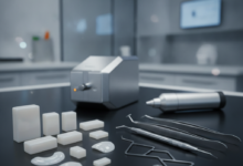 A close-up, photorealistic view of elegant dental ceramic materials, possibly porcelain blocks or veneer blanks, alongside precision dental tools on a sterile surface. The background shows a blurred, high-tech dental laboratory or clinic setting with advanced equipment like a CAD/CAM machine, all without visible text, symbolizing the high cost drivers in cosmetic dentistry.