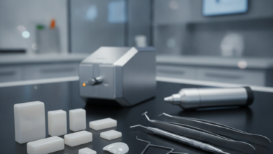A close-up, photorealistic view of elegant dental ceramic materials, possibly porcelain blocks or veneer blanks, alongside precision dental tools on a sterile surface. The background shows a blurred, high-tech dental laboratory or clinic setting with advanced equipment like a CAD/CAM machine, all without visible text, symbolizing the high cost drivers in cosmetic dentistry.