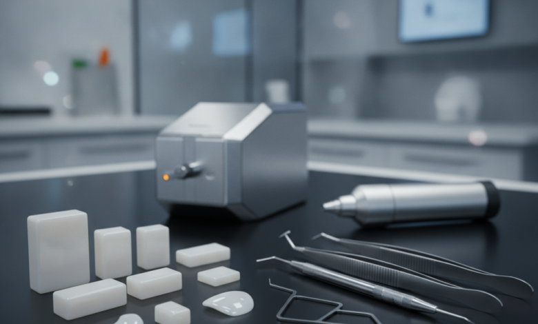 A close-up, photorealistic view of elegant dental ceramic materials, possibly porcelain blocks or veneer blanks, alongside precision dental tools on a sterile surface. The background shows a blurred, high-tech dental laboratory or clinic setting with advanced equipment like a CAD/CAM machine, all without visible text, symbolizing the high cost drivers in cosmetic dentistry.
