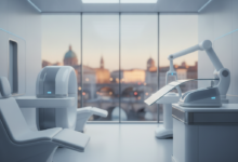 A photorealistic image of a sleek, modern medical clinic interior with clean white and silver accents. Advanced, generic medical equipment is subtly visible in the foreground. Through a large, blurred window in the background, a soft, indistinct European cityscape can be seen under a bright sky. The scene conveys professionalism, technology, and an international context for healthcare.