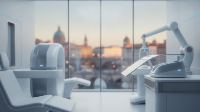 A photorealistic image of a sleek, modern medical clinic interior with clean white and silver accents. Advanced, generic medical equipment is subtly visible in the foreground. Through a large, blurred window in the background, a soft, indistinct European cityscape can be seen under a bright sky. The scene conveys professionalism, technology, and an international context for healthcare.