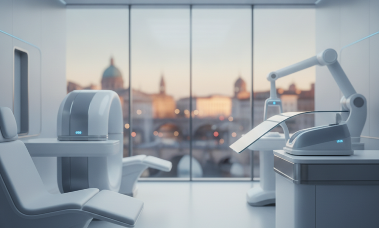 A photorealistic image of a sleek, modern medical clinic interior with clean white and silver accents. Advanced, generic medical equipment is subtly visible in the foreground. Through a large, blurred window in the background, a soft, indistinct European cityscape can be seen under a bright sky. The scene conveys professionalism, technology, and an international context for healthcare.
