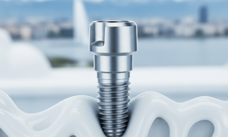 Close-up, highly detailed view of a modern dental implant, appearing as a titanium screw with an abutment, set against a sterile, blurred dental clinic backdrop. In the far distance, the iconic Jet d'Eau of Geneva is visible, dramatically out of focus, over a blurred lake and city skyline.
