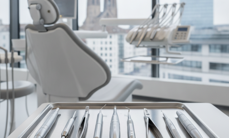 A close-up of sterile, gleaming dental instruments on a tray in a modern clinic, with a blurred background hinting at the city of Basel, Switzerland.