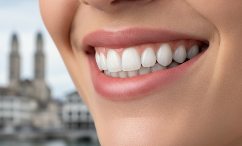Close-up of a confident, radiant smile with perfectly white teeth and healthy gums. The background is a blurred, sophisticated urban scene hinting at Zurich, Switzerland.