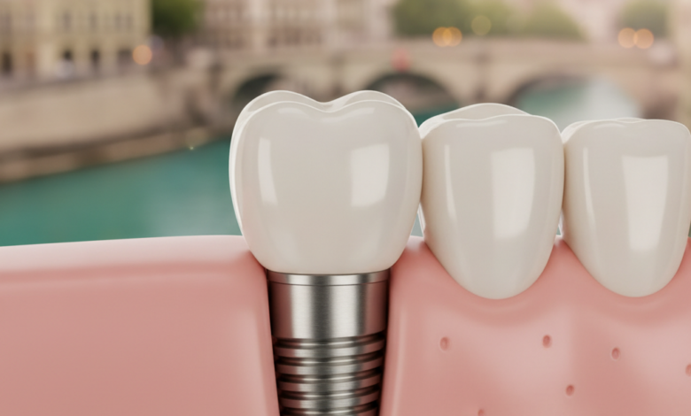 A detailed, photorealistic close-up of a perfectly crafted dental implant with a white ceramic crown, set against a softly blurred background showing the historic buildings and river of Bern, Switzerland.