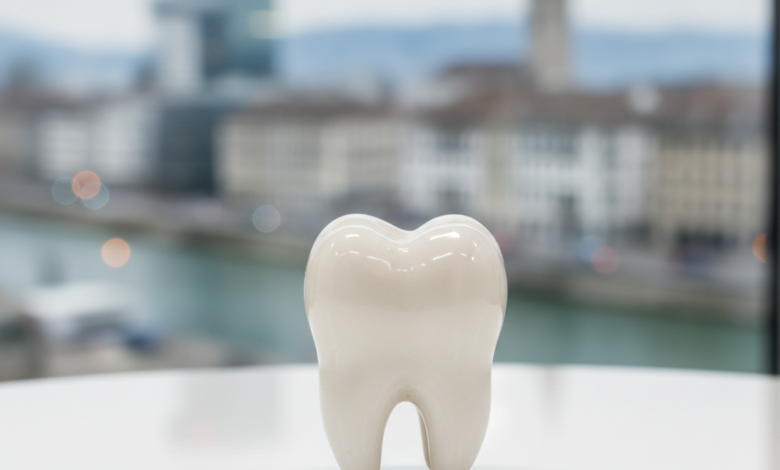 A detailed, close-up photograph of a pristine white ceramic dental crown on a clean, bright surface. The background is softly blurred, revealing architectural elements of the Basel city skyline.