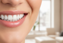 A close-up, photorealistic image of a person's healthy, bright white teeth in a confident, radiant smile. The background is softly blurred, suggesting a clean, modern, and elegant dental clinic interior, evoking a high-end cosmetic dental treatment experience in Geneva.