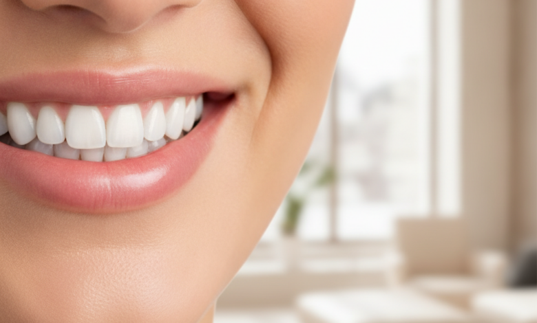 A close-up, photorealistic image of a person's healthy, bright white teeth in a confident, radiant smile. The background is softly blurred, suggesting a clean, modern, and elegant dental clinic interior, evoking a high-end cosmetic dental treatment experience in Geneva.